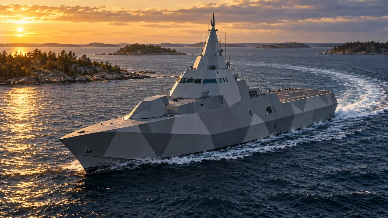 A Swedish Visby-class corvette underway at sea, showing its angular superstructure.