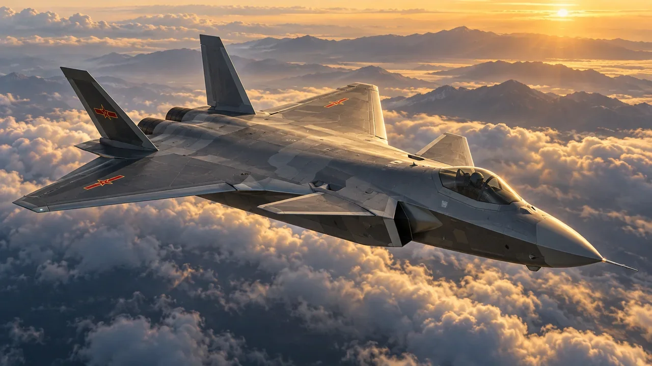 A Chinese J-20 fighter in flight, with its forward canards and twin tail fins visible.