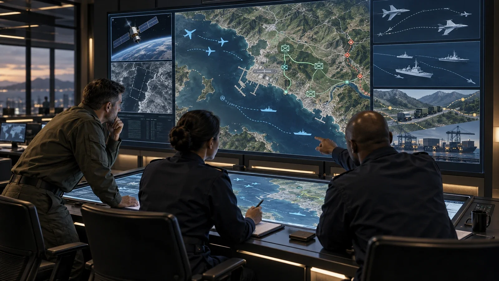Illustration of three military analysts assessing coordinated land, air, naval, satellite and logistics capabilities on command-room displays.