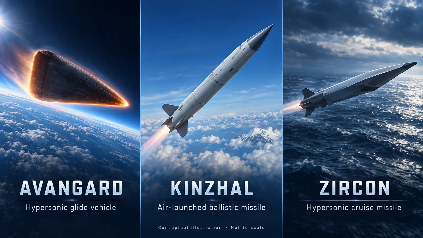 Conceptual illustration comparing Avangard, Kinzhal and Zircon in flight; the systems are not shown to scale.