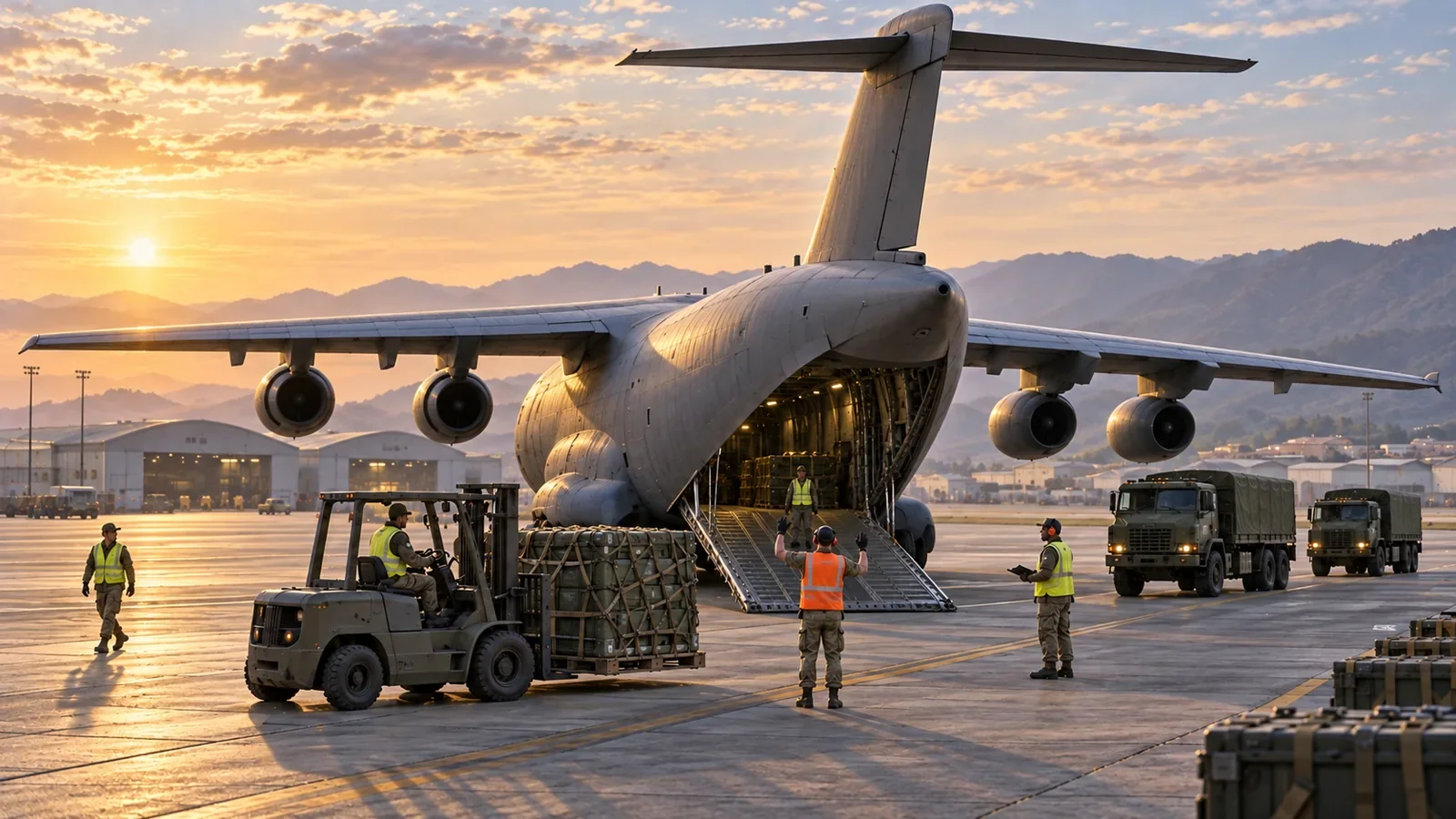 Illustration of military transport, maintenance and supply operations