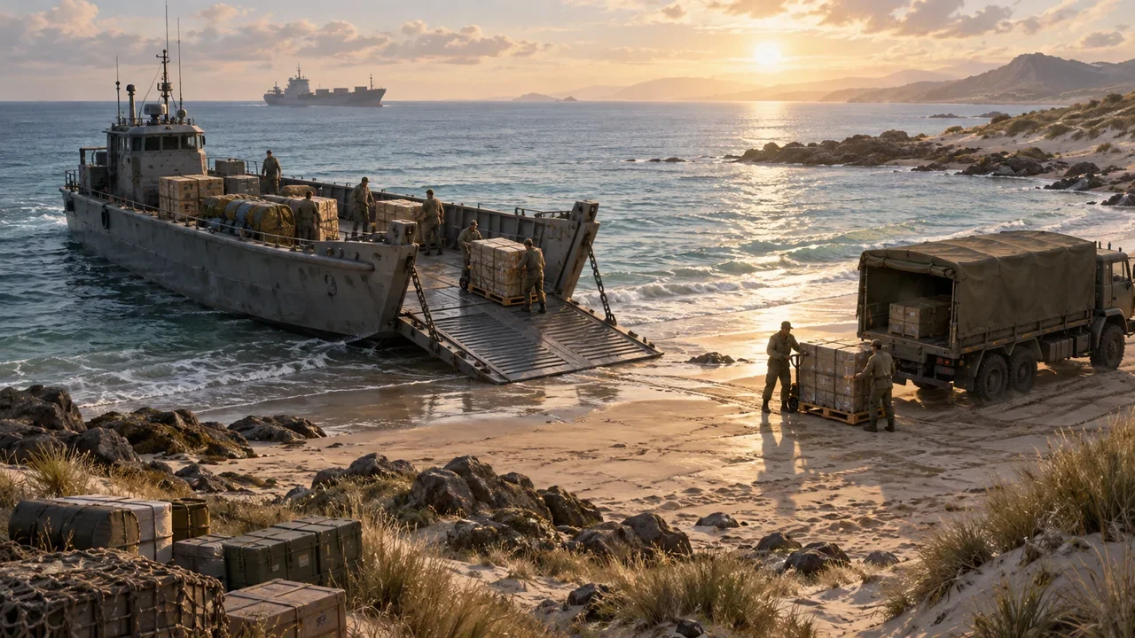 Conceptual illustration of a landing craft bringing supplies ashore beside cargo handlers and a utility truck.
