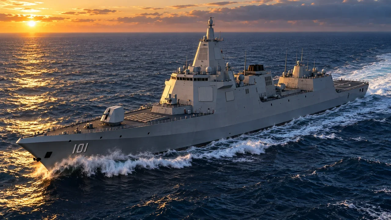 The Chinese Type 055 guided-missile destroyer Nanchang underway at sea, viewed from ahead and to one side.