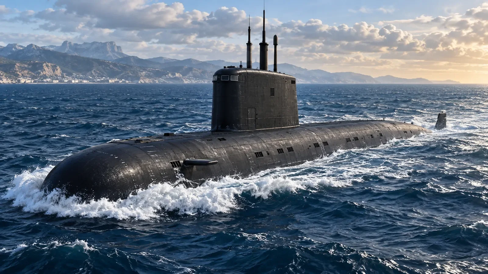 Original illustration of an Algerian Project 636.1 Kilo-class submarine underway on the Mediterranean surface.