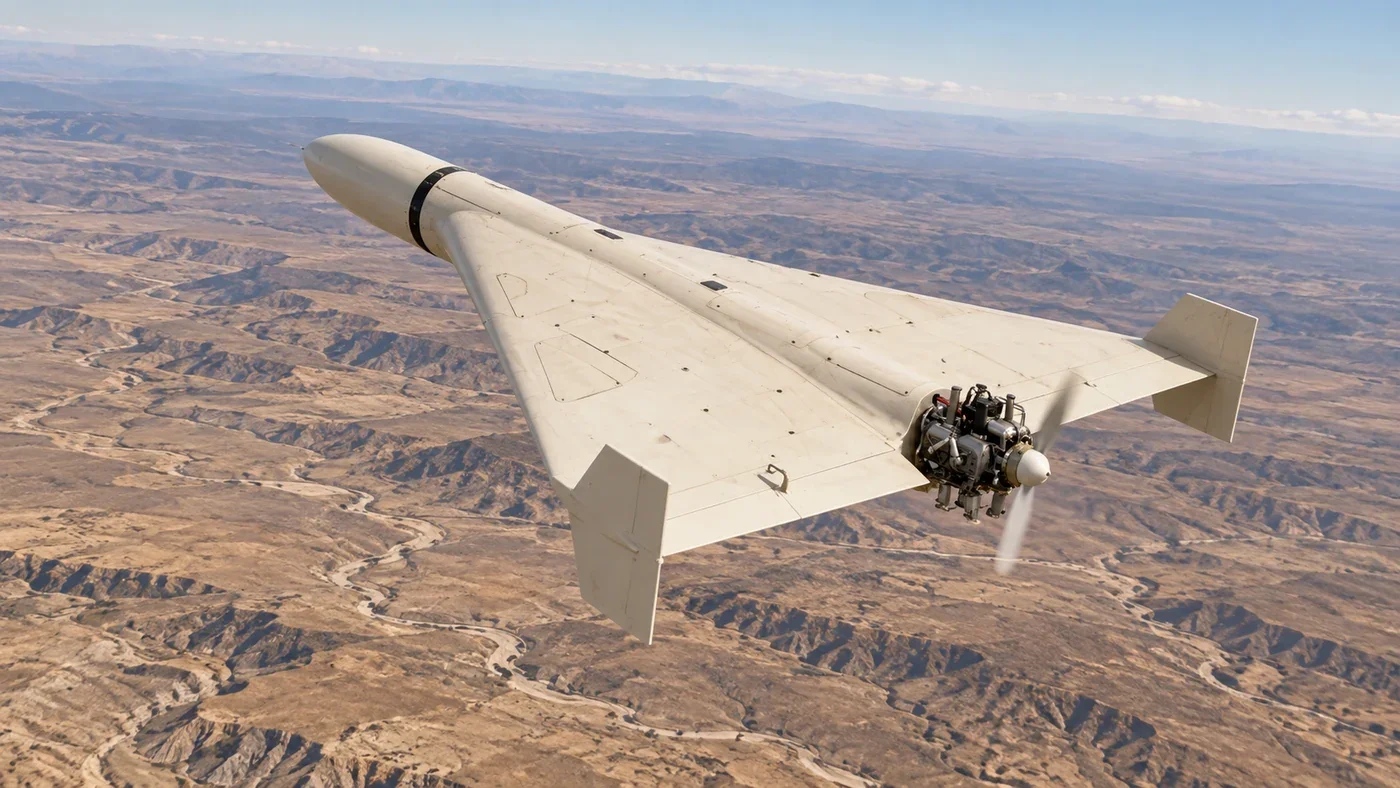 Illustration of an Iranian Shahed-136 delta-wing one-way attack drone in flight