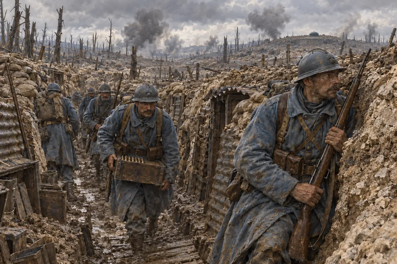 French soldiers wearing Adrian helmets and blue coats carry supplies through a damaged trench.