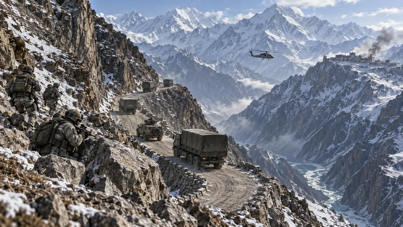 Illustration of a military convoy and helicopter navigating a steep Himalayan mountain corridor