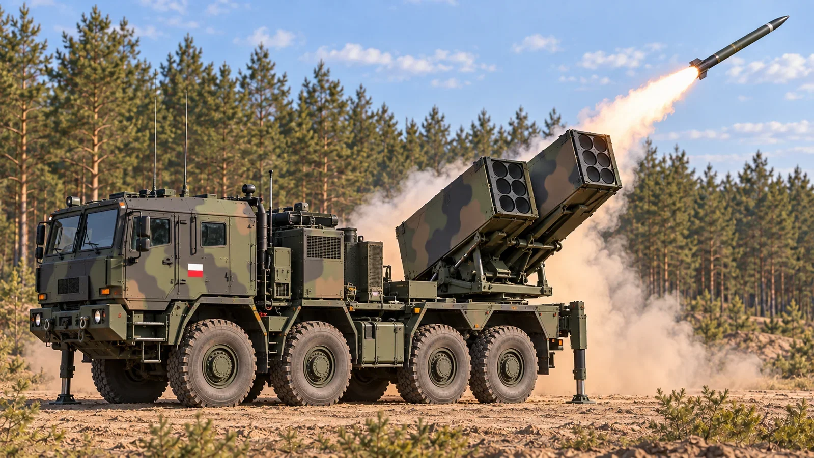 MPR illustration of a Polish Homar-K rocket launcher on an eight-wheel Jelcz truck firing a rocket at a woodland range.
