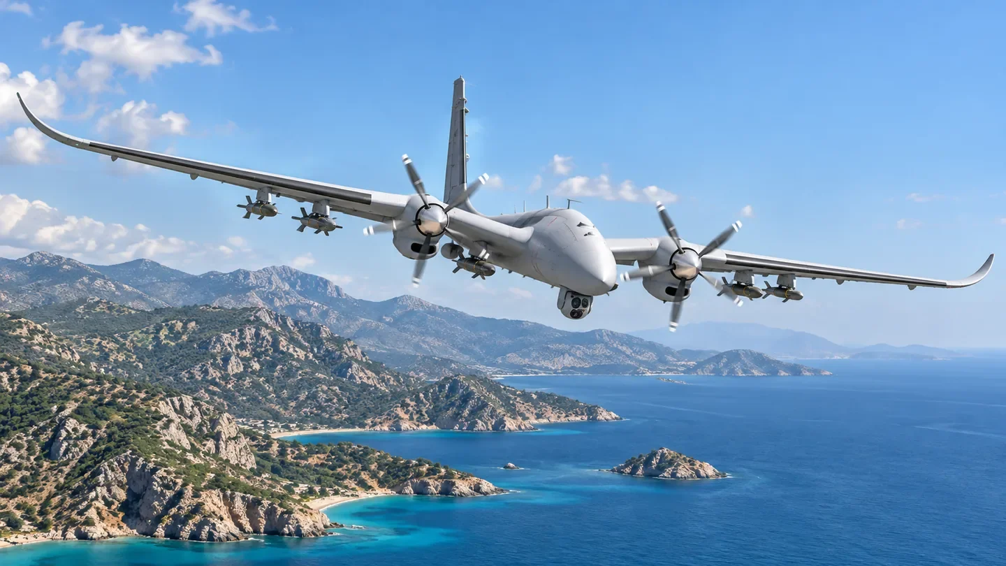MPR illustration of a Bayraktar Akıncı combat drone flying above the Turkish coastline