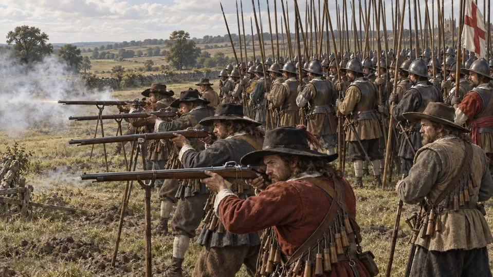 Illustration of early modern infantry with pikes and matchlock firearms.