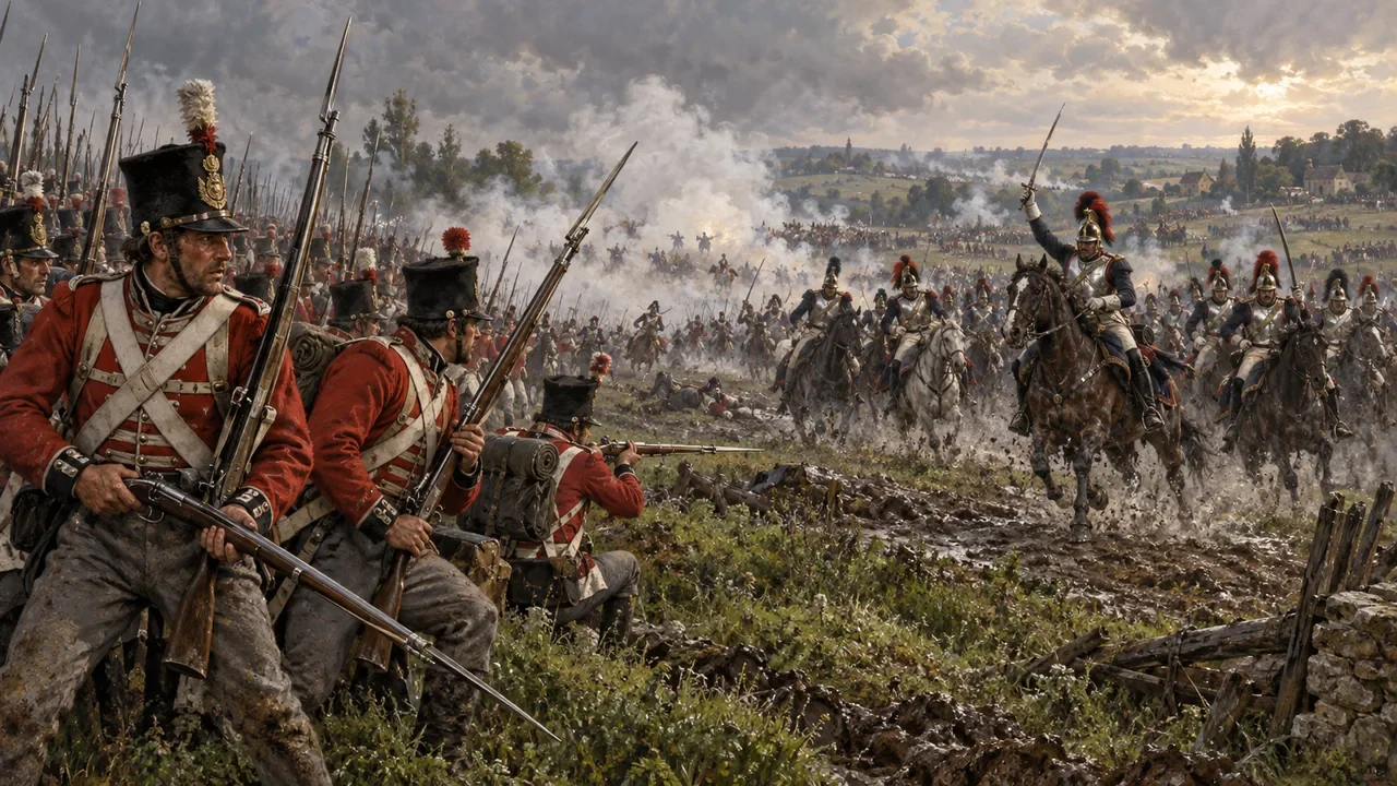 British allied infantry with muskets and French cavalry beyond a muddy field in an interpretive Waterloo scene.
