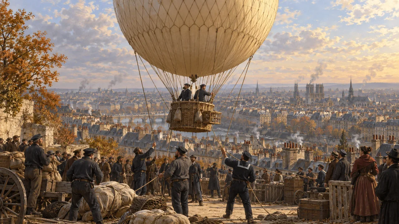 A gas balloon carrying mail rises above Paris while ground crew manage ropes during the 1870–71 siege.