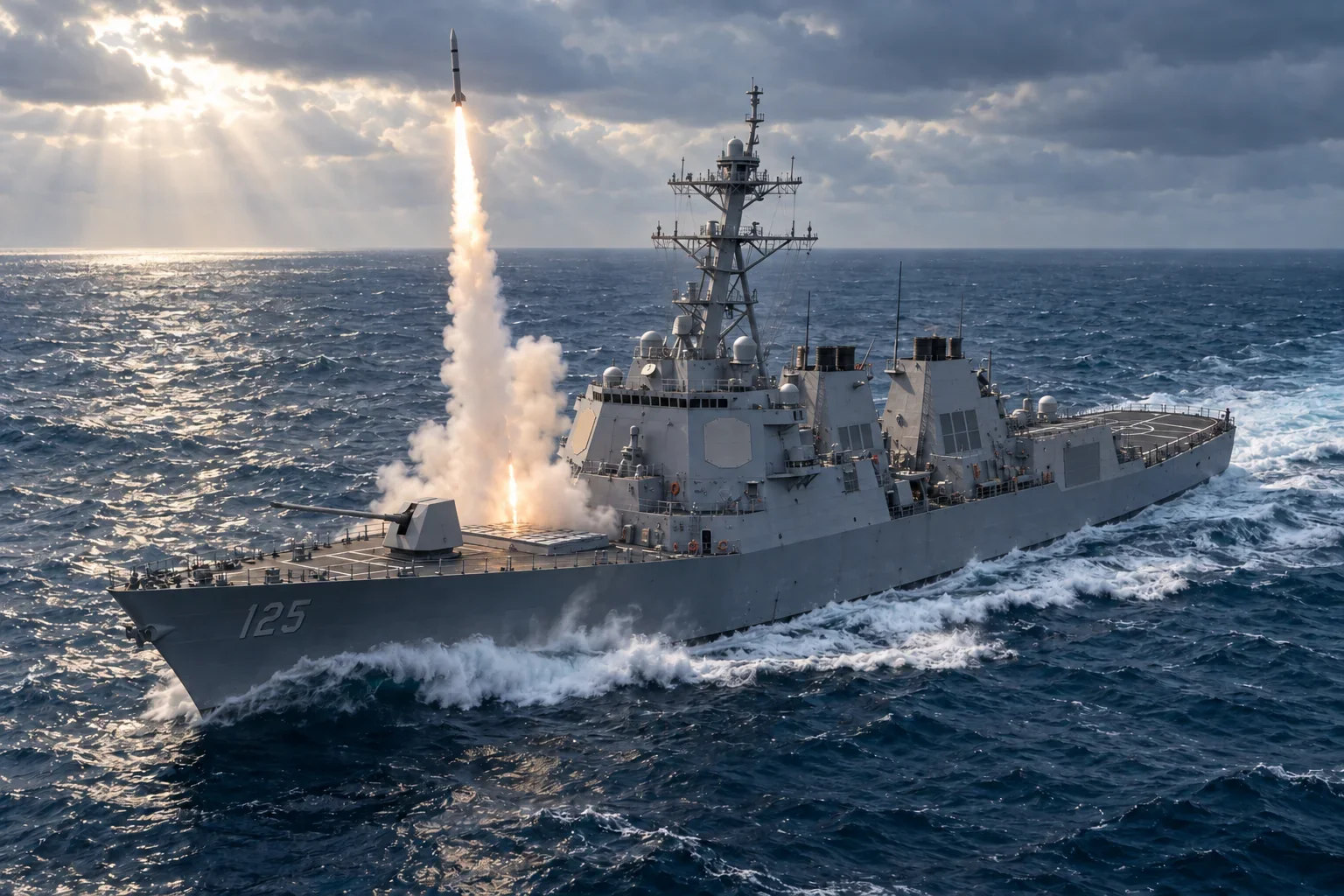Illustration of an Arleigh Burke-class Aegis destroyer launching an SM-6 missile from its vertical launch system