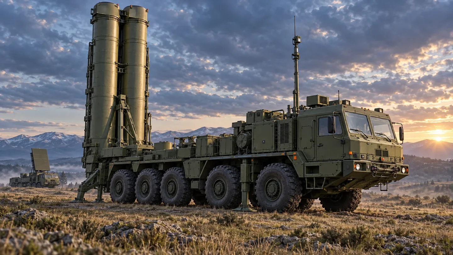 Illustration of an S-500 launcher with two upright canisters and a support vehicle in the distance.