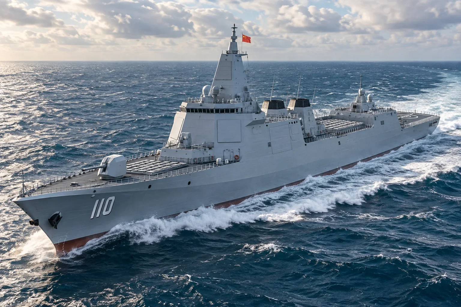Illustration of the Anqing Type 055 guided-missile destroyer, hull 110, underway at sea