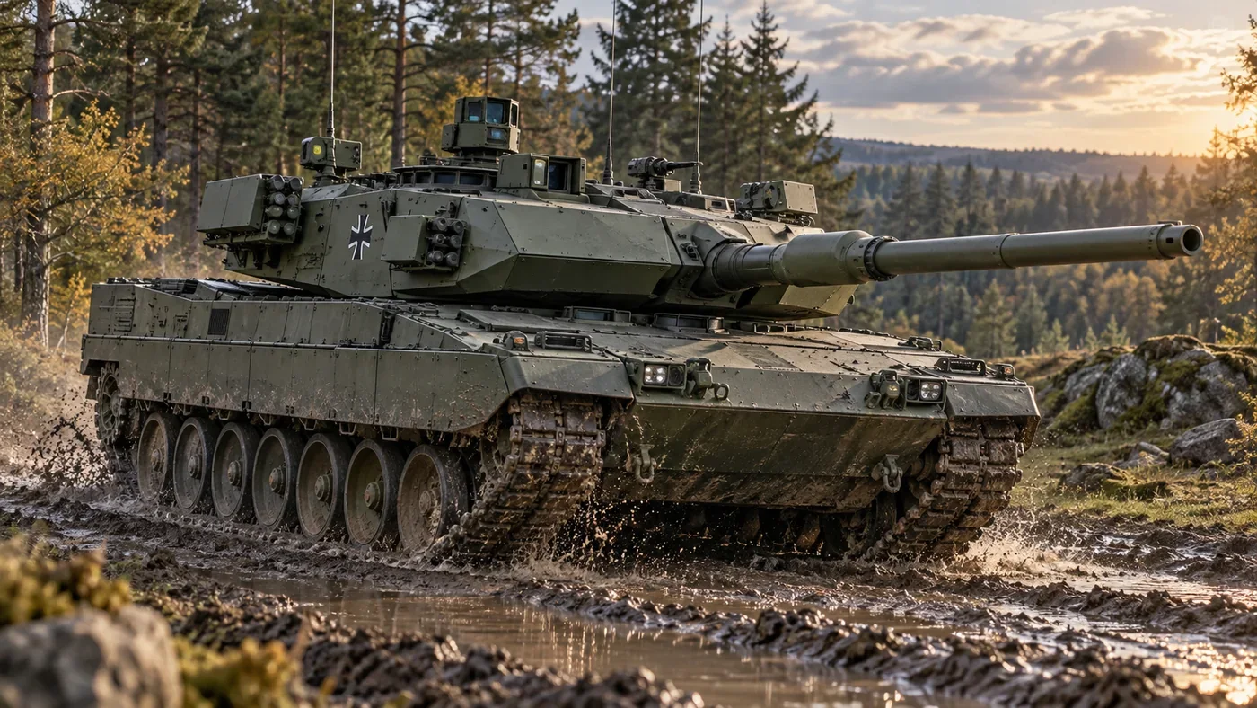 MPR illustration of a Leopard 2A8 main battle tank on a wooded testing ground