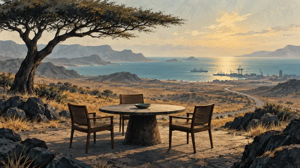 Conceptual illustration of three empty chairs around a table in an arid landscape.