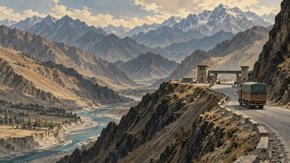 Illustrated mountain road, a freight truck and a distant border checkpoint.