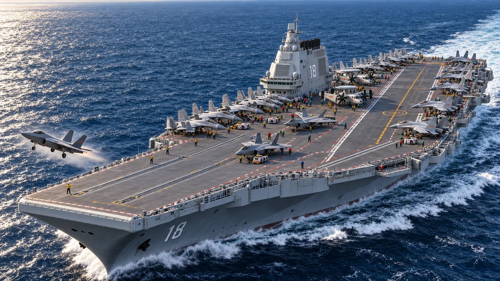 Illustration of Fujian underway with aircraft arranged on its flight deck during flight operations.