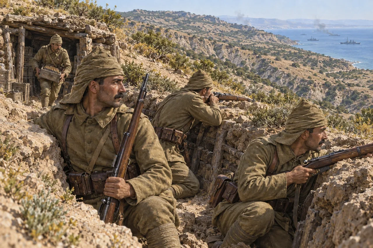 Ottoman infantry in cloth field helmets defend a scrub-covered ridge above the sea.