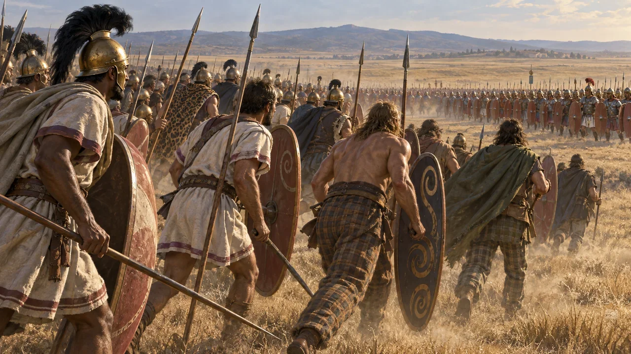 Interpretive illustration of Carthaginian-led North African, Iberian and Celtic troops facing Roman Republican forces on the plain at Cannae.