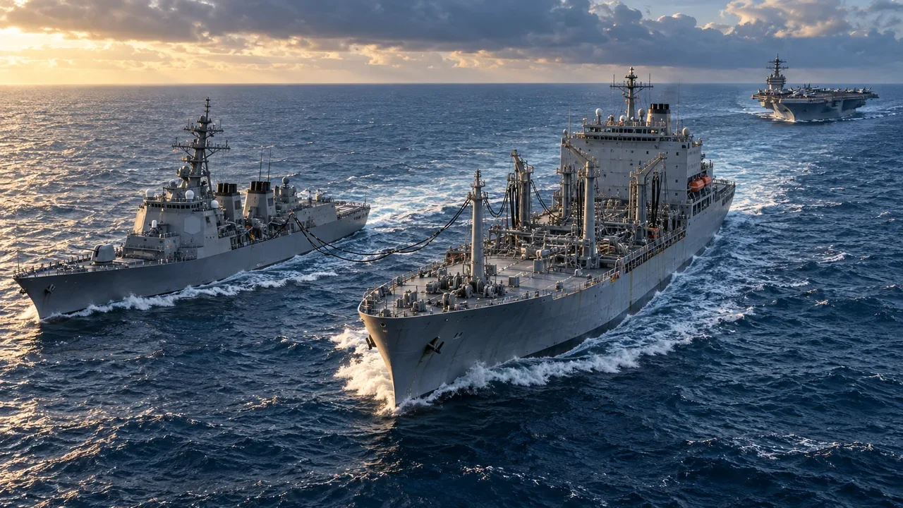 A U.S. naval replenishment ship sails alongside a Japanese destroyer, with an aircraft carrier farther out at sea.