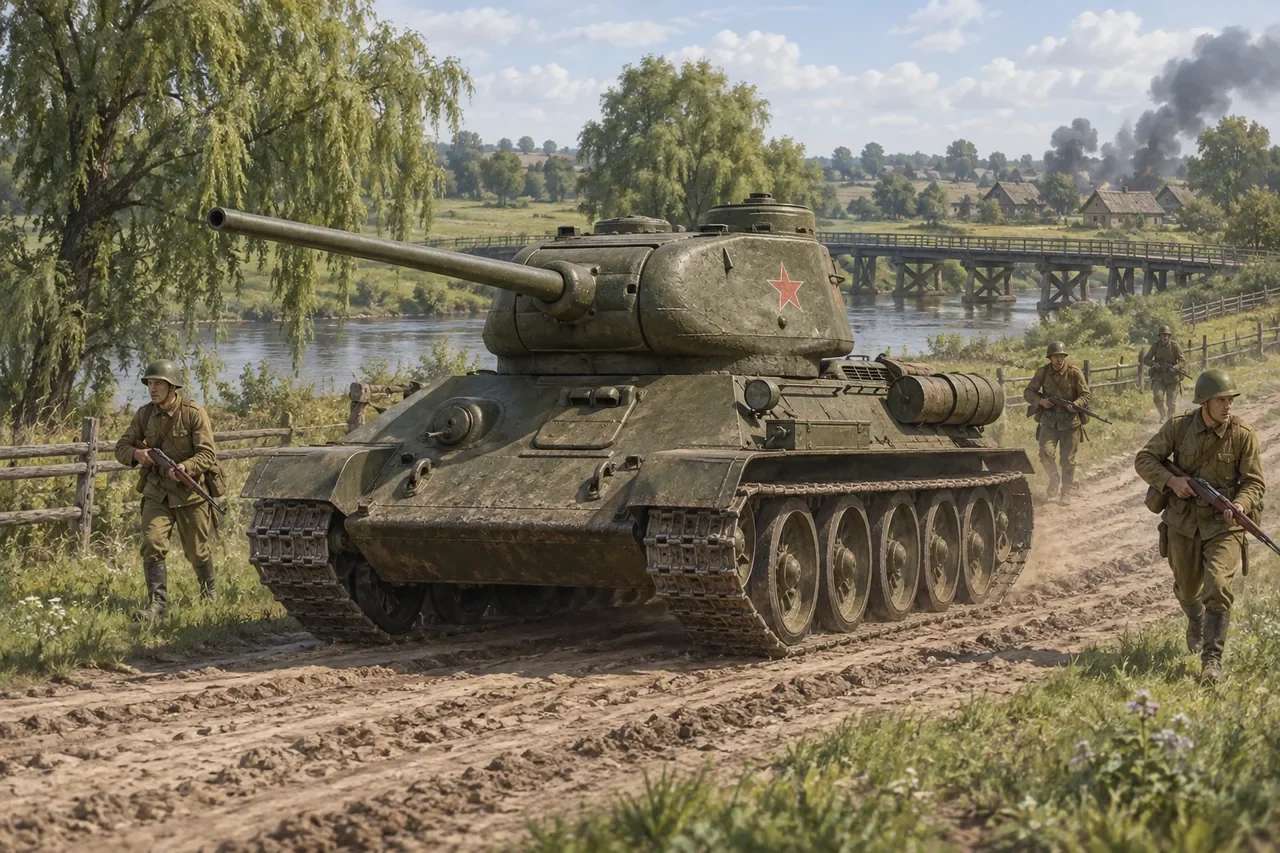 Illustration of a Soviet T-34/85 tank and infantry advancing through rural Belarus.