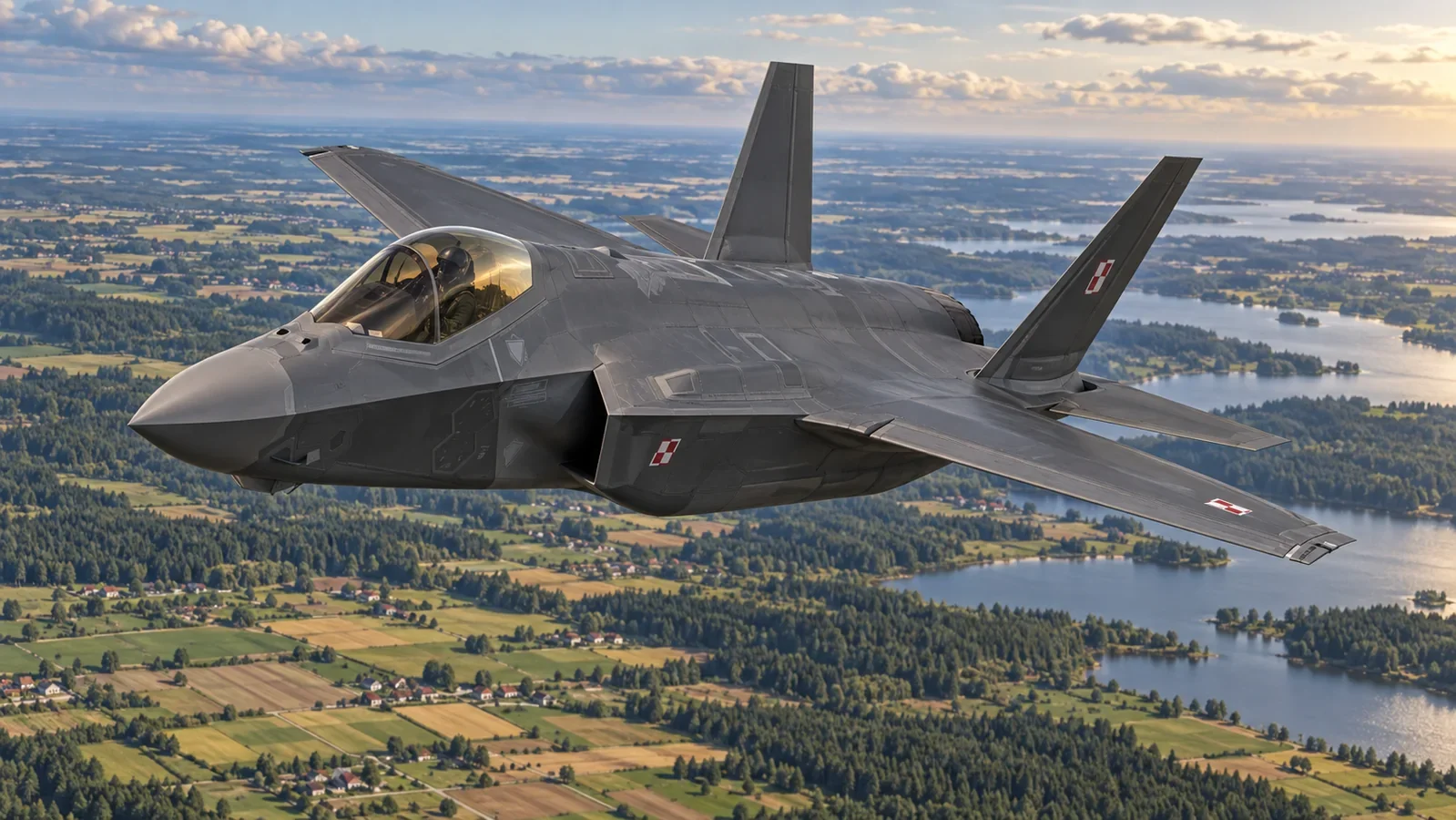MPR illustration of a Polish F-35A Husarz fighter above farmland, forest and lakes.