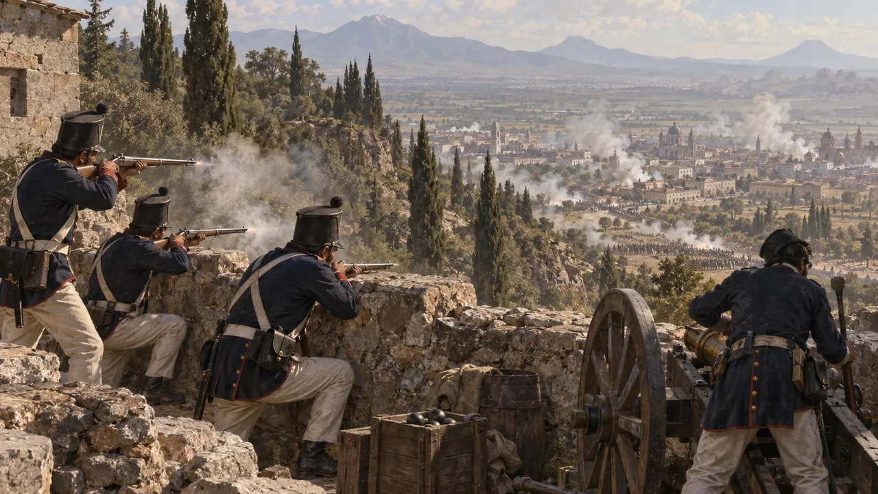 Mexican defenders beside a stone parapet and field cannon above the wooded slopes of Chapultepec in 1847.