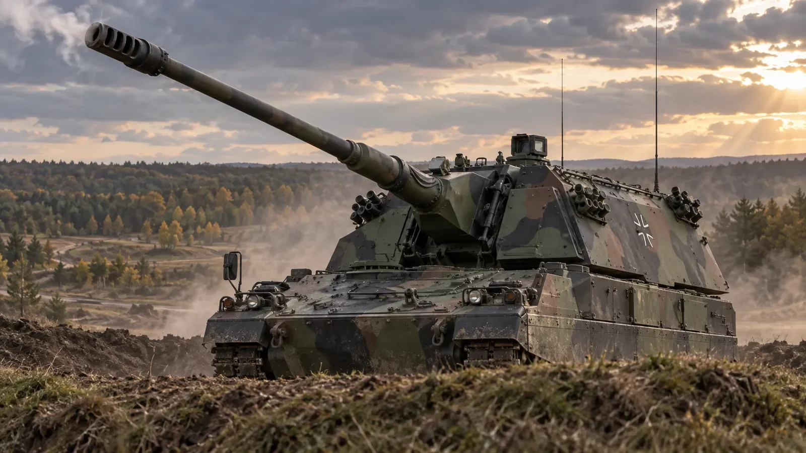 Illustration of a German Panzerhaubitze 2000 howitzer at a firing position