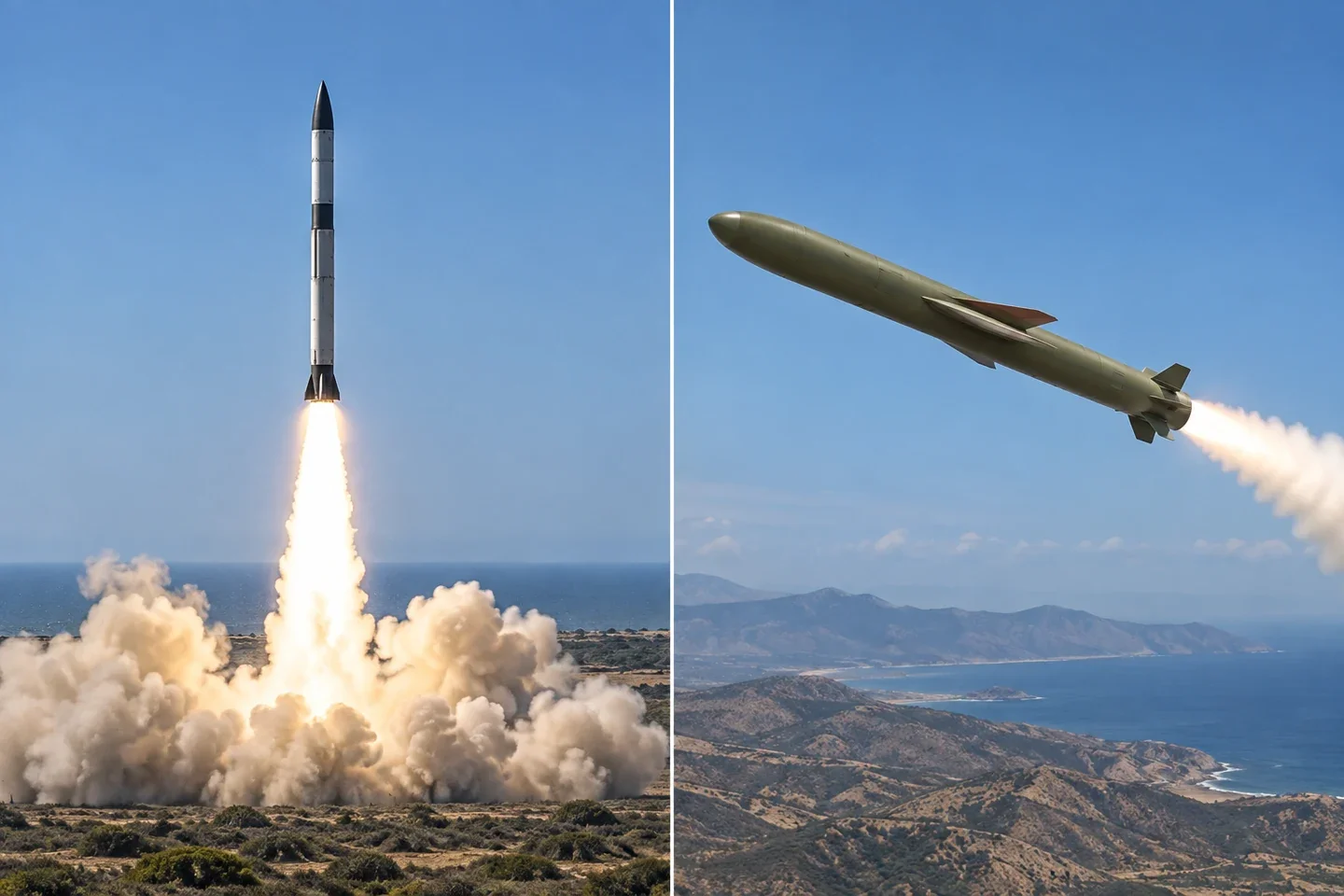 MPR illustration with an Ababeel ballistic missile launching in the left panel and a Fatah-4 cruise missile in flight in the right panel.