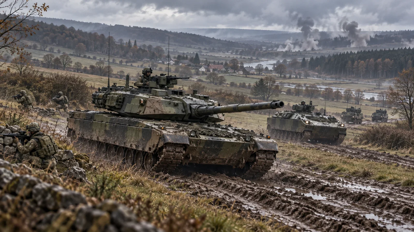 Illustration of armored vehicles and infantry crossing rolling European farmland