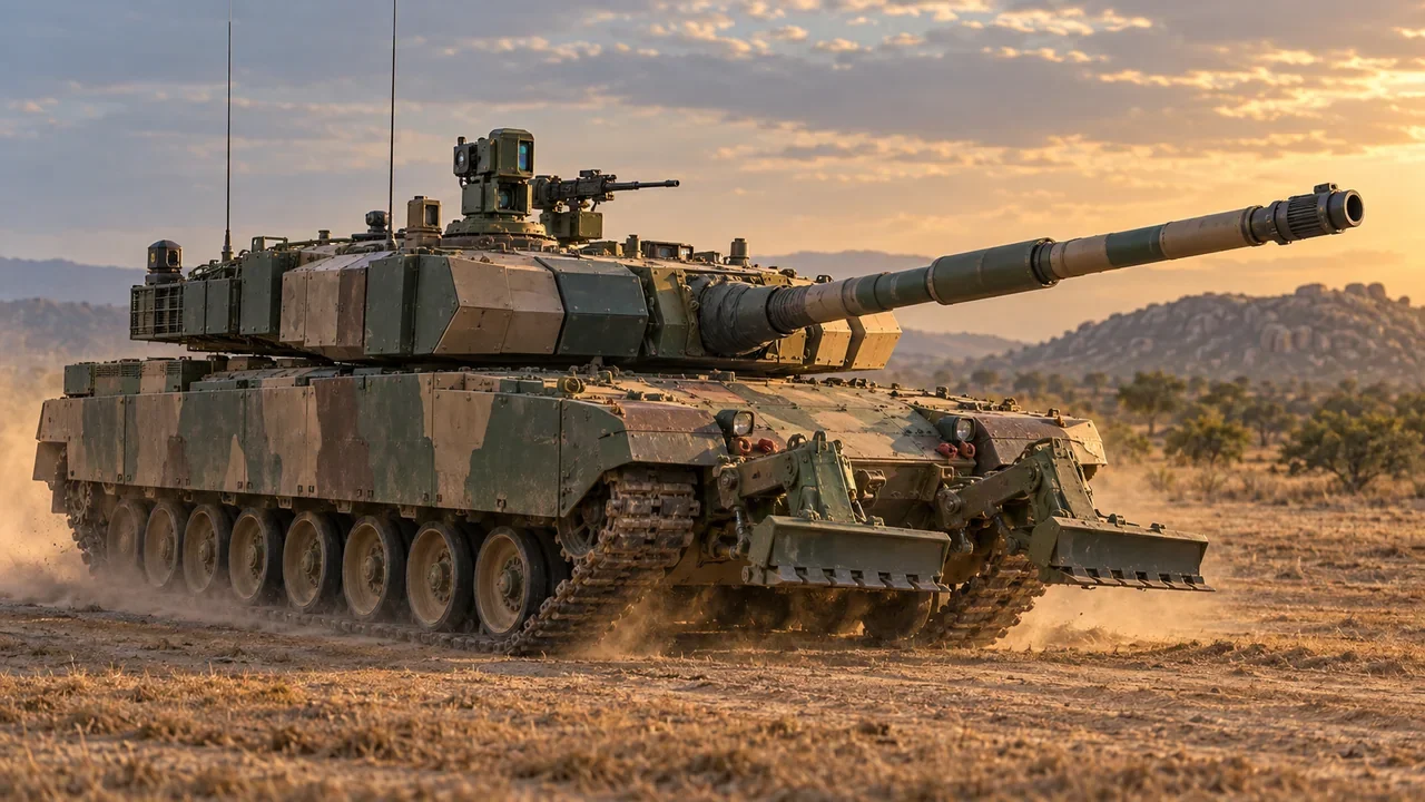 An Indian Arjun Mk1A main battle tank crossing open terrain.