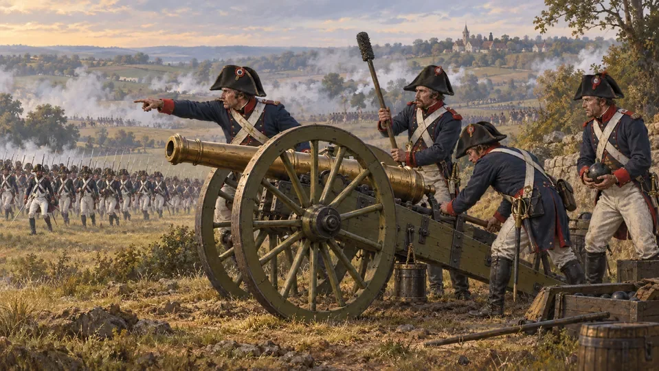 Illustration of Napoleonic artillery crews operating a field cannon with infantry behind them.