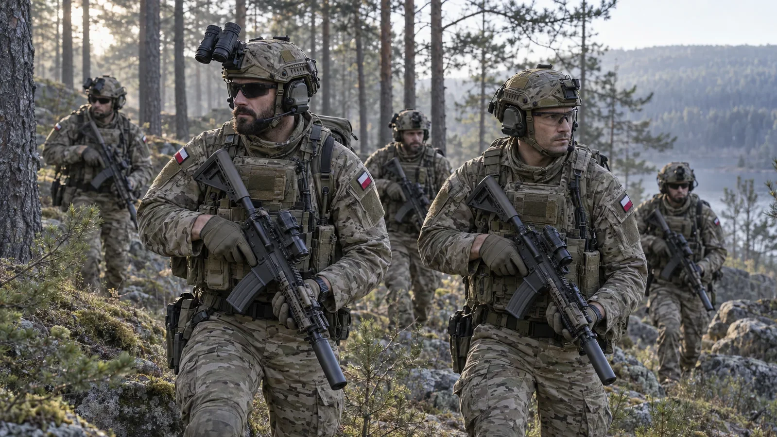 MPR illustration of five Polish JW GROM special forces operators with tactical equipment moving through woodland.