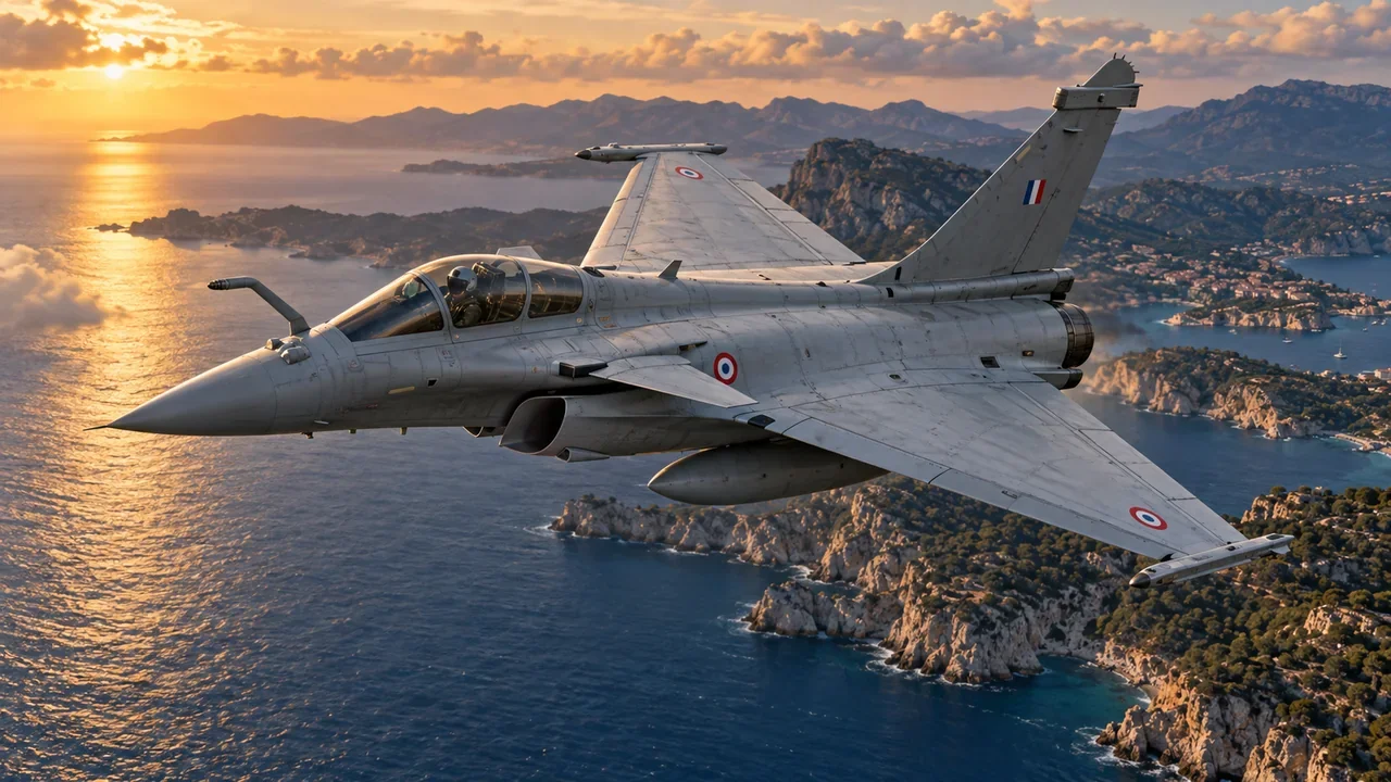 A French Rafale C fighter in flight, showing its delta wing and forward canards.