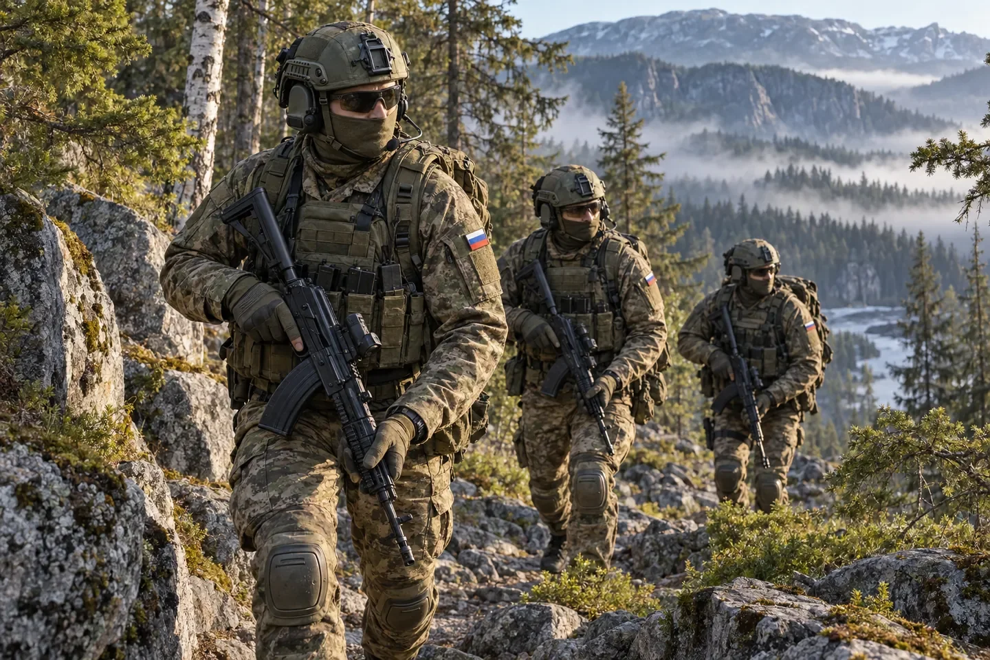 Illustration of Russian special-forces soldiers wearing modern field equipment and carrying AK-pattern rifles on a wooded mountain trail.