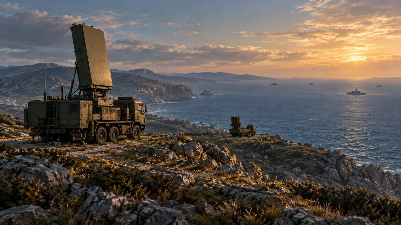 Conceptual illustration of mobile radar and air-defense equipment overlooking a coast.