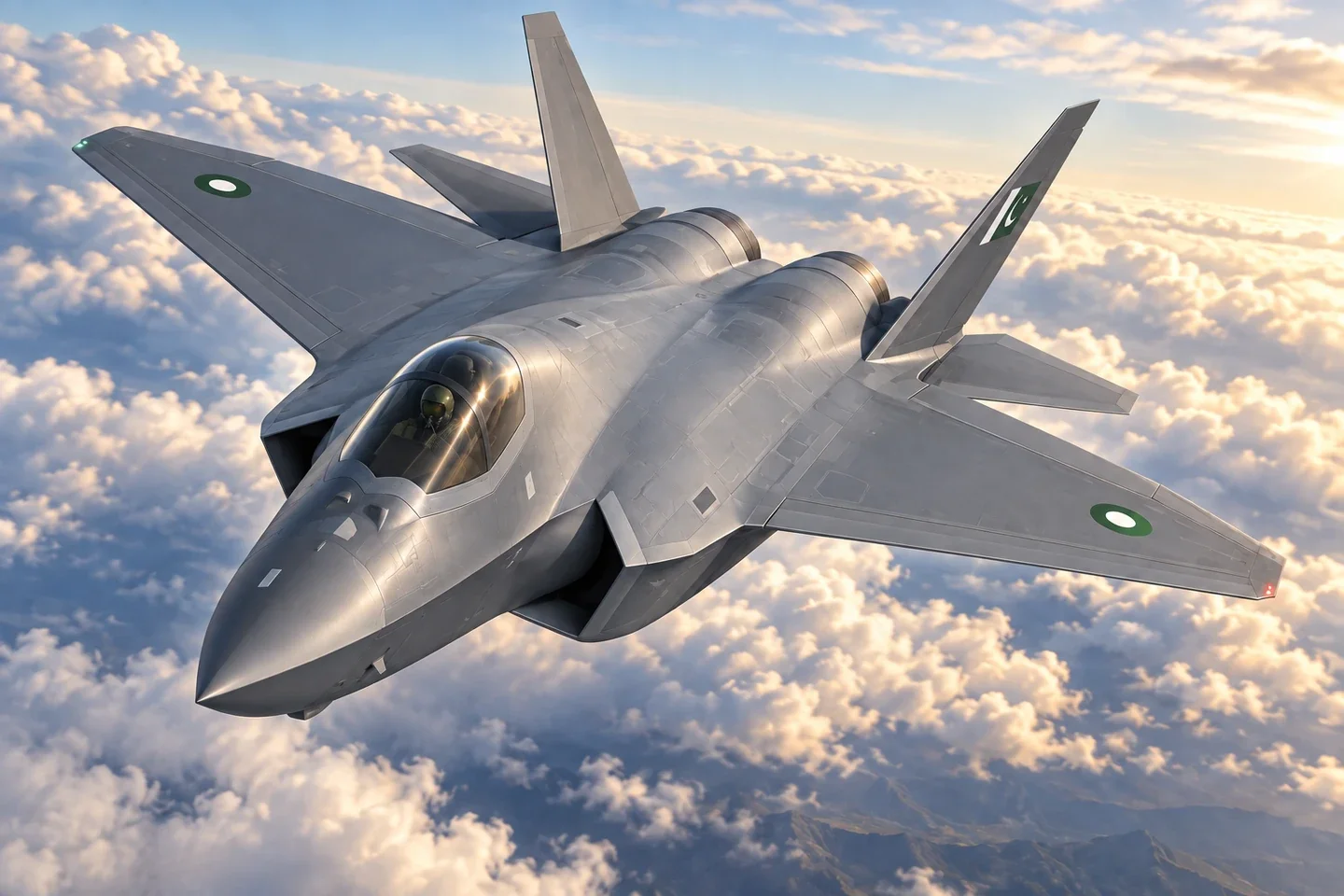 MPR illustration of a J-35A stealth fighter with conceptual Pakistan markings above clouds.