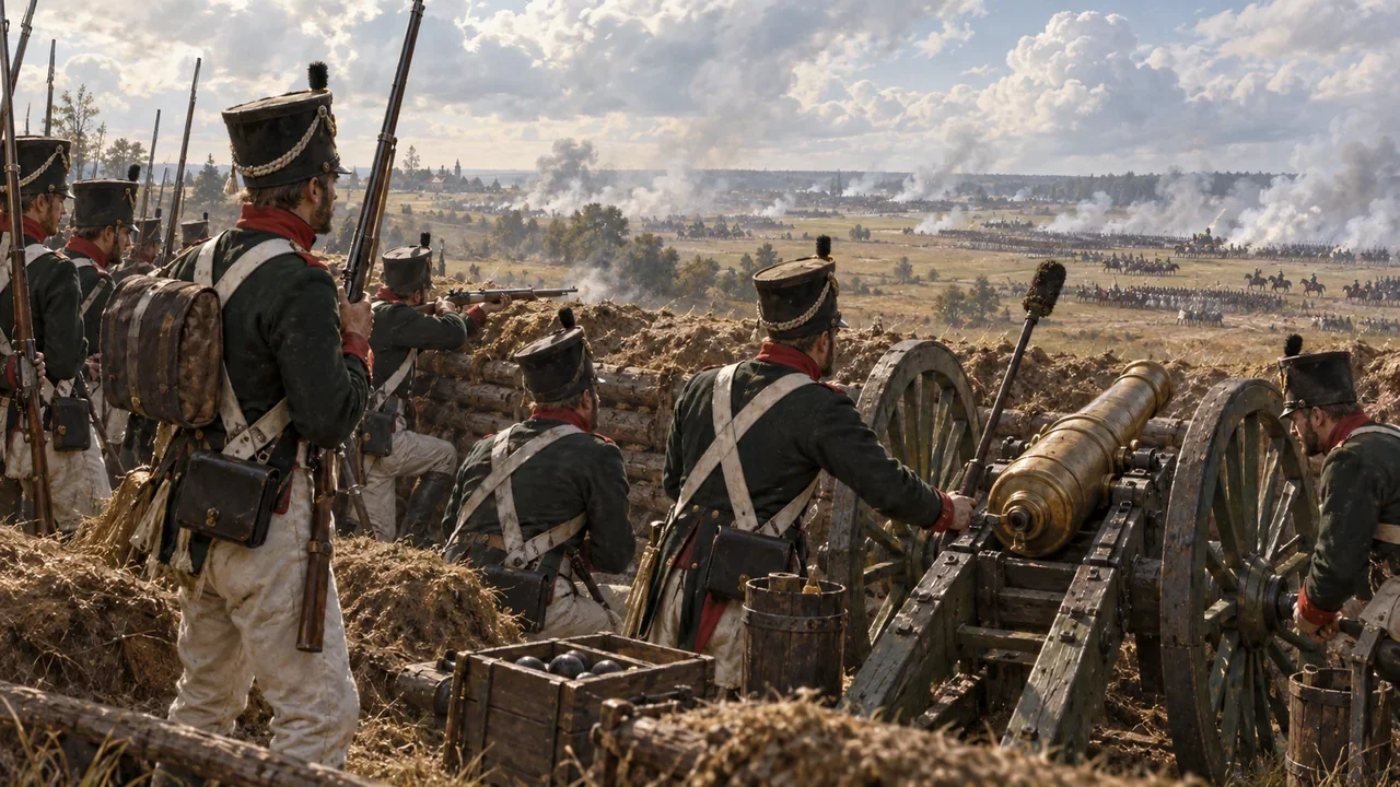 Russian infantry and artillery at an earthen position in an interpretive September 1812 Borodino scene.
