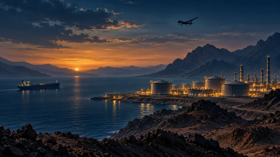 Conceptual illustration linking a desert coastline, energy infrastructure, shipping and missile capabilities.