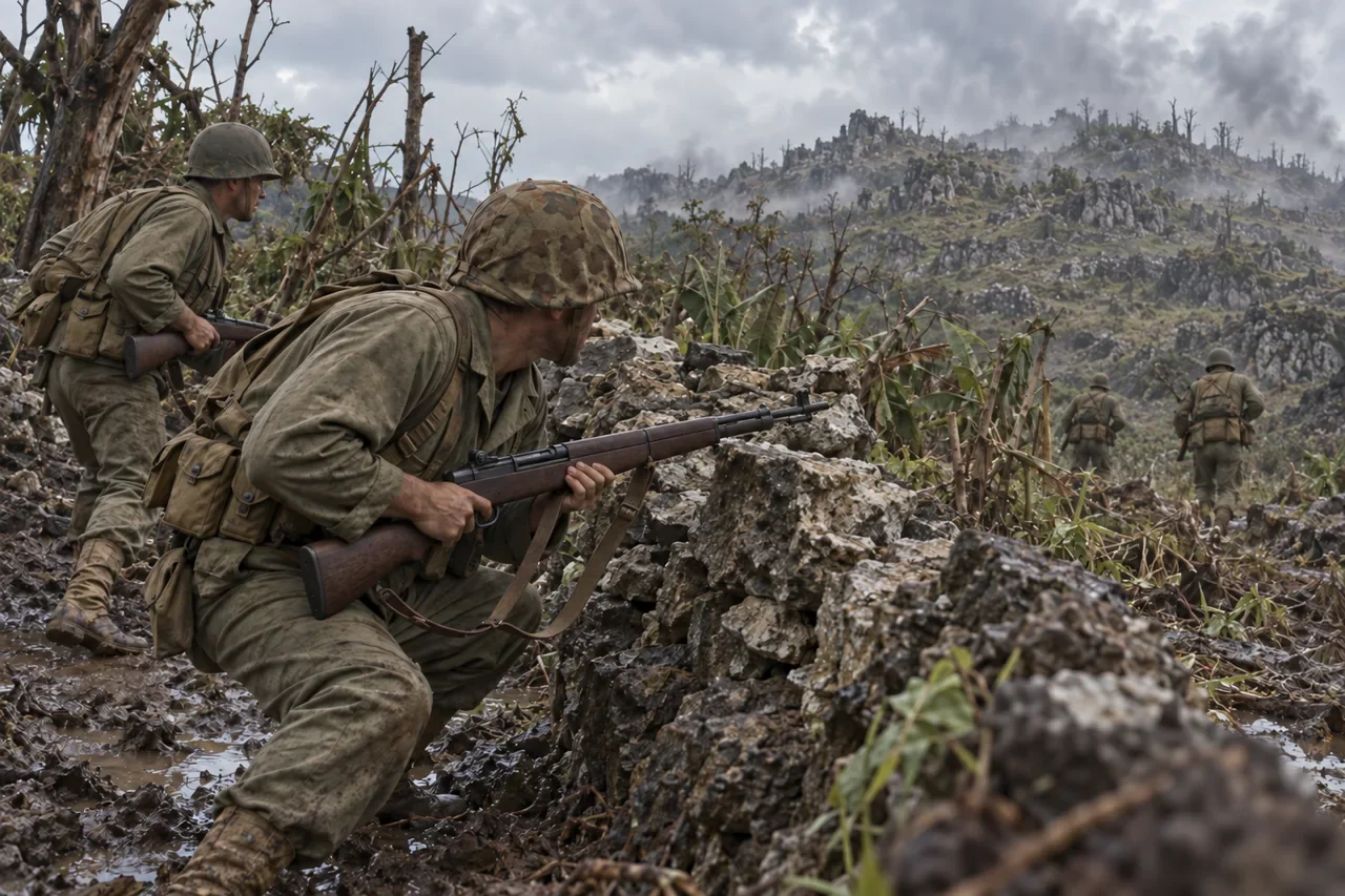 Illustration of US Marines advancing across rough terrain during the Battle of Okinawa.