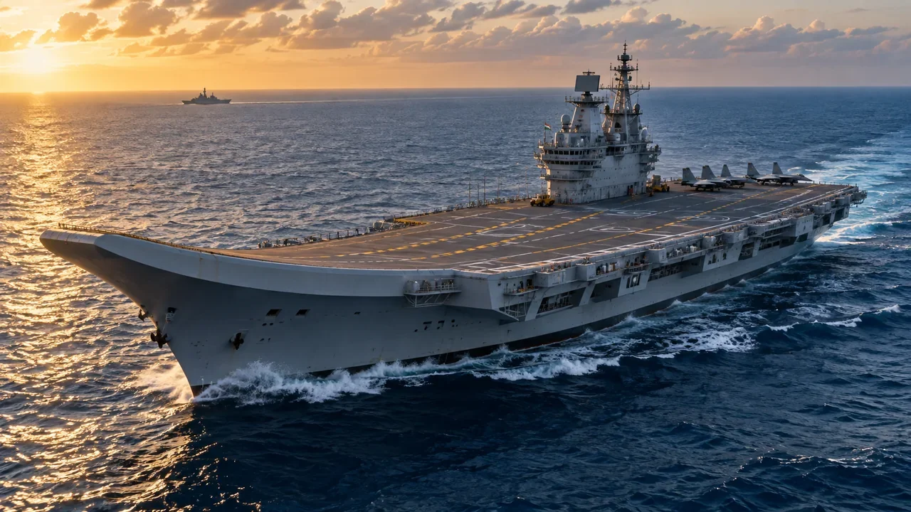 India’s INS Vikrant aircraft carrier at sea with its ski-jump flight deck and starboard island visible.