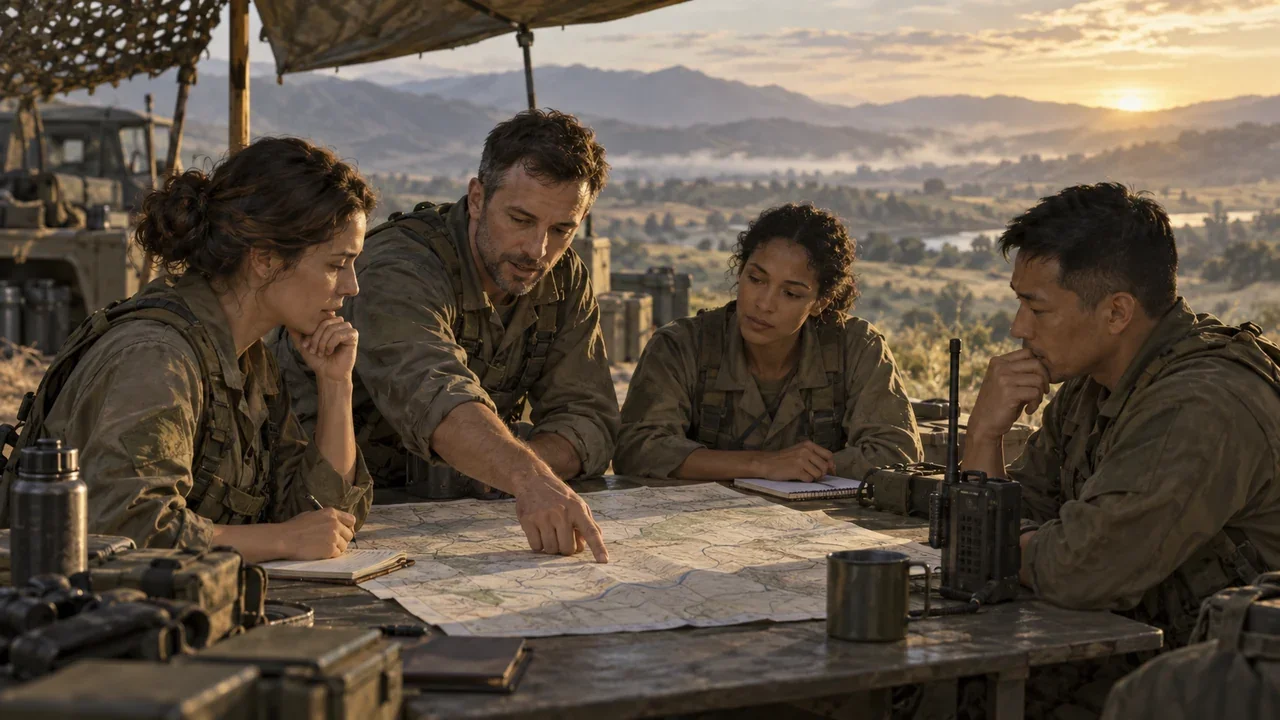 Conceptual illustration of a field-command team consulting a map and radio.
