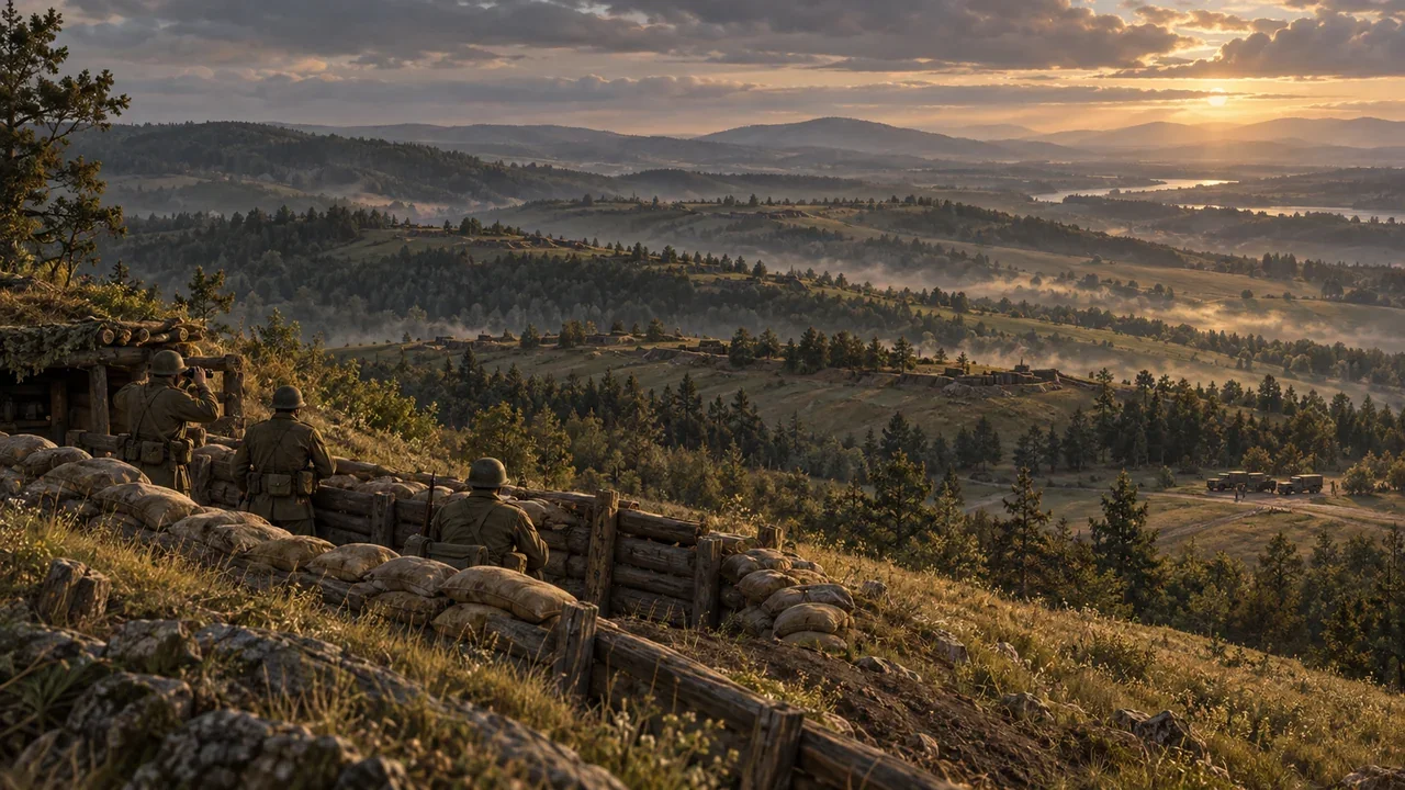Conceptual illustration of fieldworks and successive defensive terrain lines receding across a landscape.