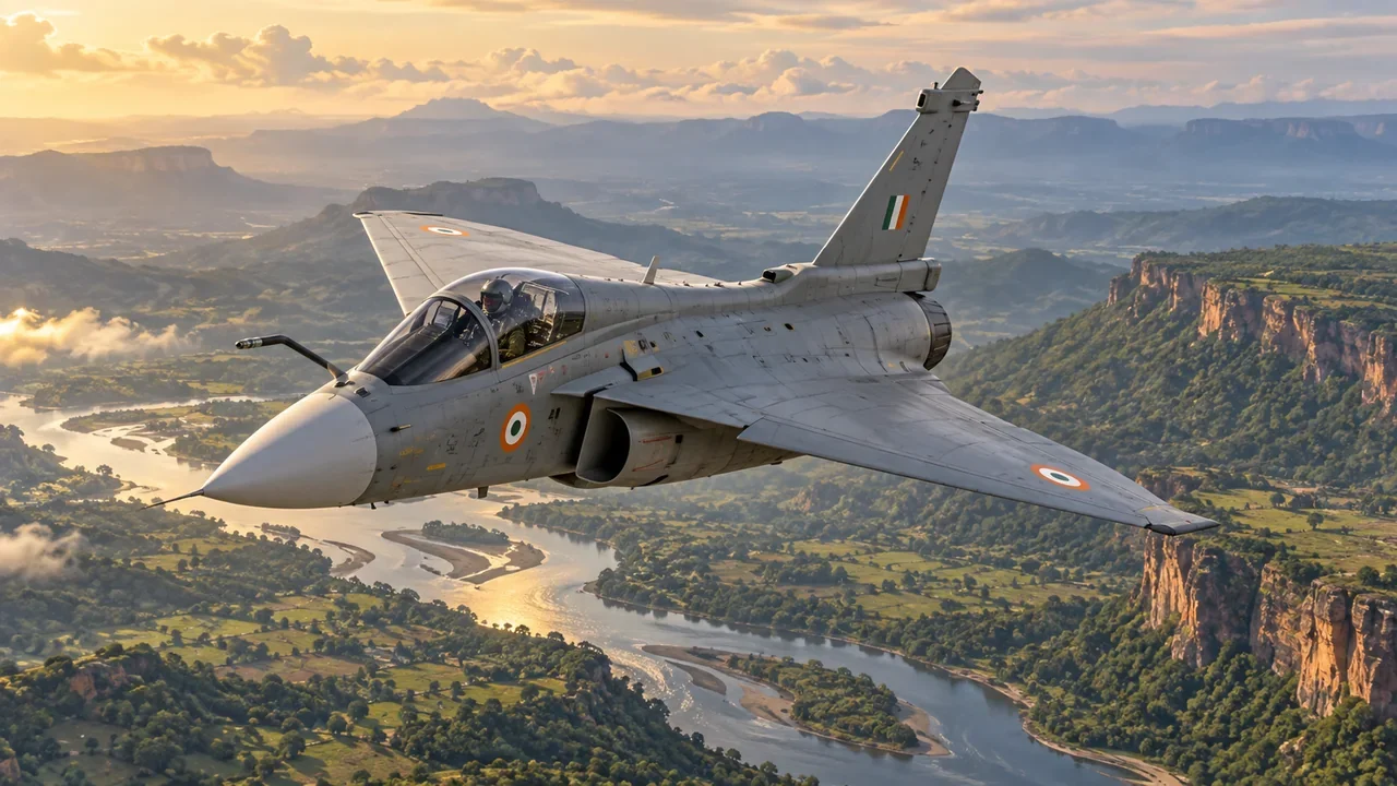 An Indian Tejas light combat aircraft in flight, with its delta wing and single vertical tail visible.
