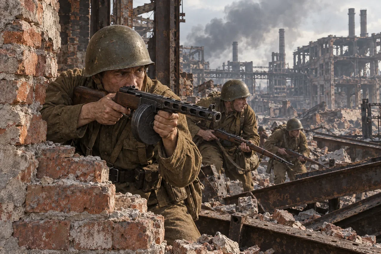 Illustration of Soviet infantry advancing through industrial ruins at Stalingrad.
