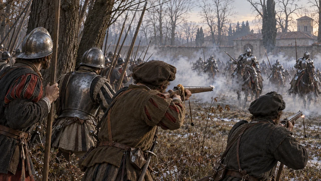 Interpretive illustration of Imperial arquebusiers and pikemen facing French armored cavalry in the wooded landscape around Pavia in 1525.