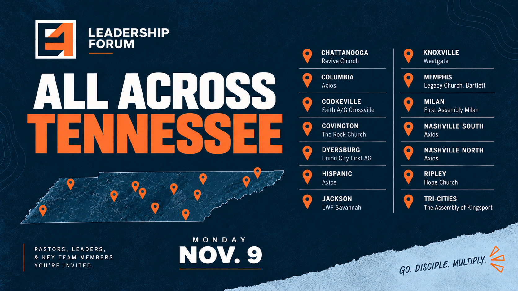 E4 Leadership Forum: All Across Tennessee, Monday, November 9. Pastors, leaders and key team members, you're invited.