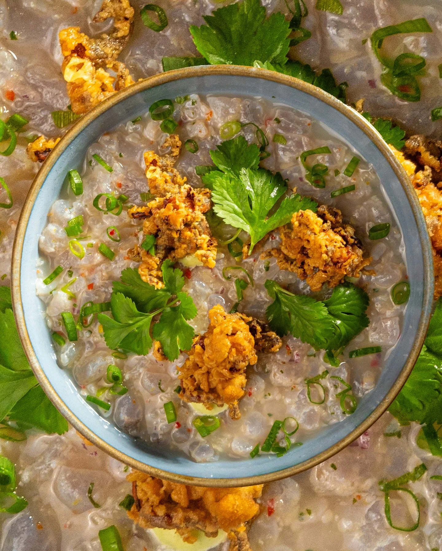 Creamy rice dish with herbs and golden garnish at La Tapa del Coco